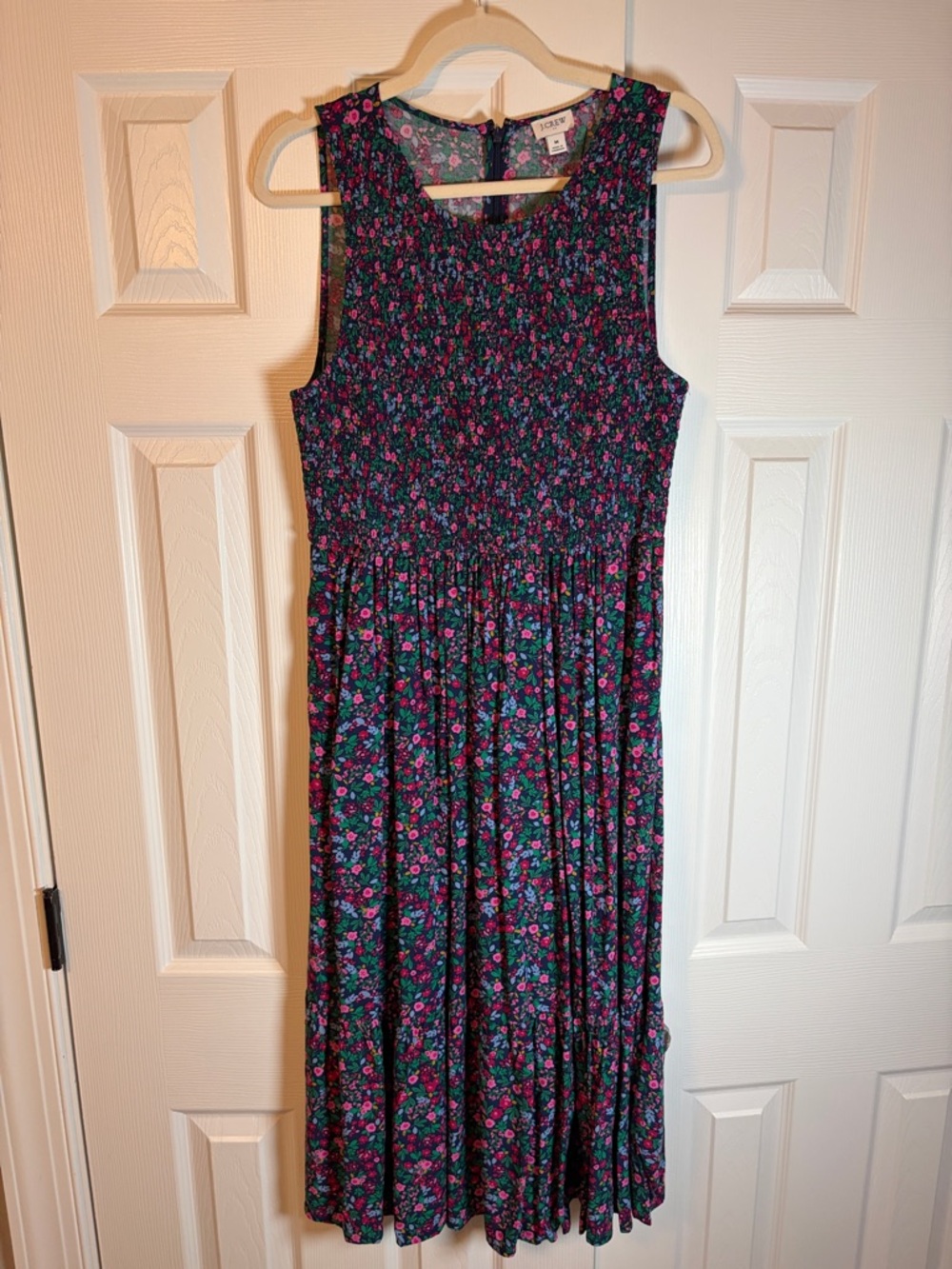 J. Crew Factory Navy Floral Smocked Midi Dress with Pink & Green Accents